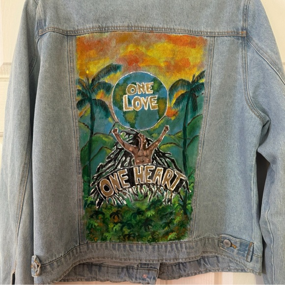 Bob Marley One Love hand painted trucker  jacket - Picture 5 of 5